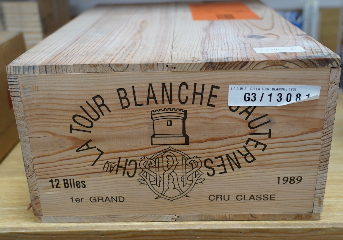 A sealed case of twelve bottles of 1989 Chateau La Tour Blanche, Sauternes, in OWC, purchased en primeur from The Wine Society. Condition - good